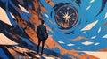 Businessman navigating abstract landscape with compass for guidance
