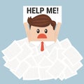 Businessman need help under a lot of white paper.