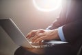 Businessman with notebook sitting inside an airplane Royalty Free Stock Photo