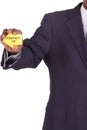 Businessman with a notiz in hand english Royalty Free Stock Photo