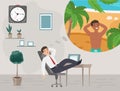 Businessman in office dreaming about vacation on tropical island travel holiday vector illustration. Royalty Free Stock Photo