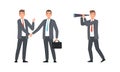 Businessman or Office Employee Wearing Suit and Tie Watching Spyglass and Shaking Hand Vector Set