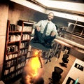Businessman in the office flies with a rocket chair