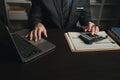 Businessman in the office in the middle of the night, he works overtime at a startup company, he is working hard and overtime. Royalty Free Stock Photo