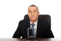 Businessman in the office with newton balls Royalty Free Stock Photo