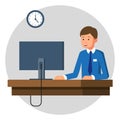 Businessman or a clerk working at his office desk. Flat style modern vector illustration. Royalty Free Stock Photo