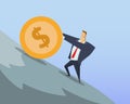 Businessman in office suit pushing big dollar coin up the steep hill. Sisyphean labour. Sisyphean business. Achieving Royalty Free Stock Photo