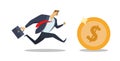Businessman in office suit running after big shiny dollar coin. Race for success. Hurry up. Making money. Concept flat