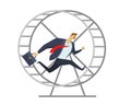 Businessman in office suit running in a wheel like a squirrel. Running in place. Hurry up. Race for success. Concept