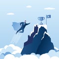 Businessman or office super heroes flying to achieve his goal,winner cup and flag Royalty Free Stock Photo