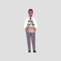 Businessman office worker holding box with stuff things new job business concept african american male cartoon character