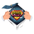Businessman open shirt to show `office hour typographic` with office icon elements in comic style - vector