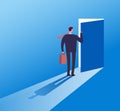 Businessman opening secret door. Opportunity, accessible entering. Risk solution and leadership business vector concept Royalty Free Stock Photo