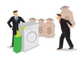 Businessman order his employee to carry his money into a washing machine