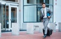 Businessman outside office, suitcase and running for travel rush, lawyer at law firm for work commute. Folder, luggage Royalty Free Stock Photo