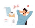 Businessman paid tax concept. Payment of taxes and fees. Happy man with paid stamp bills , tax form, calendar, list. Royalty Free Stock Photo