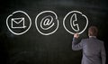 Businessman paints with chalk contact options on blackboard