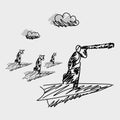 Businessman on the paper airplane with longer telescope searching for opportunities vector illustration doodle sketch hand drawn Royalty Free Stock Photo