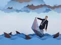 Businessman and paper boat is sinking into paper sea.