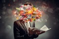 Businessman with paper head and colorful crumpled papers flying out, business brain storm strategy ideas sharing hand paper Royalty Free Stock Photo