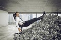 Businessman with paper sheet anywhere. Buried by bureaucracy. Concept of overwork Royalty Free Stock Photo