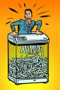 Businessman in paper shredder, office appliance. secret informat