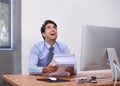 Businessman, paperwork and frustrated at desk in office with burnout, mental health and deadline. Entrepreneur, person Royalty Free Stock Photo