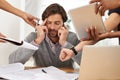 Businessman, paperwork and technology with hands, chaos and frustrated in workplace for multitasking. Male person Royalty Free Stock Photo