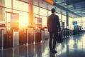 Businessman passenger walking with luggage to self service machine and help desk kiosk at airport terminal for check in, print Royalty Free Stock Photo