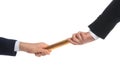 Businessman passing relay baton to colleague isolated on white, closeup Royalty Free Stock Photo