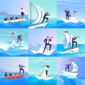 Businessman people on paper boats vector illustration. Businessman and businesswoman on paper boat risk, searching and