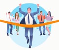 Businessman people running crossing red ribbon finish line celebrating success cheers of friends behind Royalty Free Stock Photo