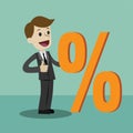 Businessman and percent sign. Vector, illustration, flat