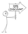 Person or Businessman Holding 70 or Seventy Percent Discount Arrow Sign and Pointing at Something, Vector Cartoon Stick Royalty Free Stock Photo
