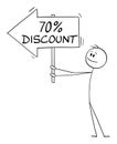 Person or Businessman Holding 70 or Seventy Percent Discount Arrow Sign and Pointing at Something, Vector Cartoon Stick Royalty Free Stock Photo