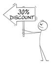 Person or Businessman Holding 30 or Thirty Percent Discount Arrow Sign and Pointing at Something, Vector Cartoon Stick