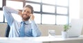 Businessman, phone call and laptop with office, smile and communication for social networking. Law consultant, workspace Royalty Free Stock Photo