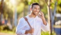 Businessman, phone call and outdoor with happiness and communication for justice, advocate for legal with tech. Male Royalty Free Stock Photo