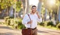 Businessman, phone call and park with happiness and communication for justice, advocate for legal with tech. Male lawyer Royalty Free Stock Photo