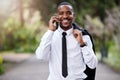 Businessman, phone call and portrait in city with talking, networking and conversation for smartphone. Male banker Royalty Free Stock Photo