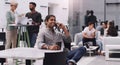 Businessman, phone call and smile in workplace for project, brainstorming and sitting on chair. Teamwork, meeting and Royalty Free Stock Photo