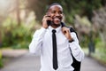 Businessman, phone call and talking in city with conversation, networking and contact for smartphone. Male banker Royalty Free Stock Photo