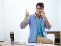 Businessman, phone call and thinking with laptop for networking, communication or planning in office. Person, smartphone Royalty Free Stock Photo