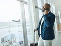 Businessman, phone call and waiting at airport for travel, work trip or plain journey with luggage to country. Happy Royalty Free Stock Photo