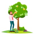 Businessman Pick An Money From A Tree Instead Of Leaves Vector. Isolated Illustration