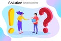 Men and women have questions And solving problems together. Vector cartoon illustration.