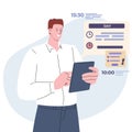 Businessman planning workday. Man using tablet for time management app, makes daily schedule. Office worker, administrator, vector Royalty Free Stock Photo