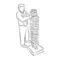 Businessman playing big wood block tower game vector illustration sketch doodle hand drawn with black lines isolated on white