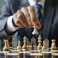 a businessman playing chess, with houses as pawns and skyscrapers as the kings and queens, illustrating strategic planning and