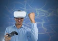 Businessman playing with computer game controller with virtual reality headset with squiggles backgr Royalty Free Stock Photo